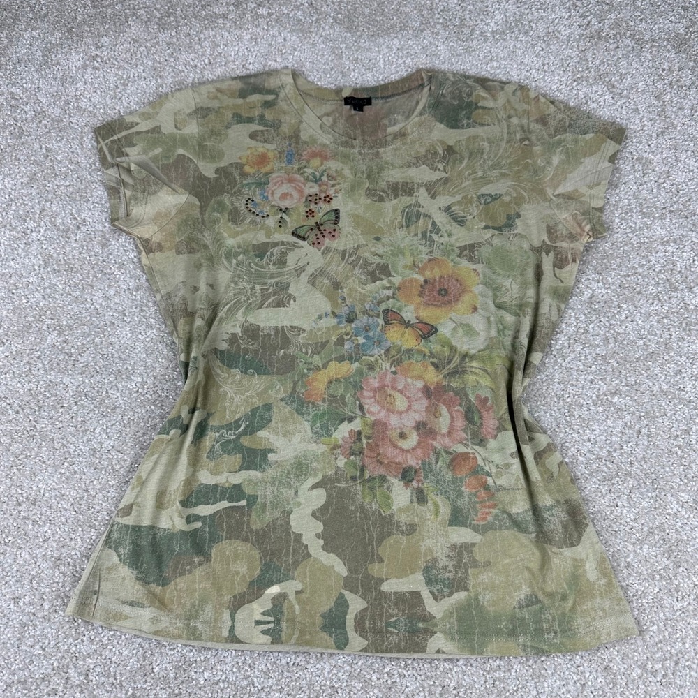 Fairycore Y2k Olive Green Camo Rhinestone Butterfly T-shirt Grunge Top size L